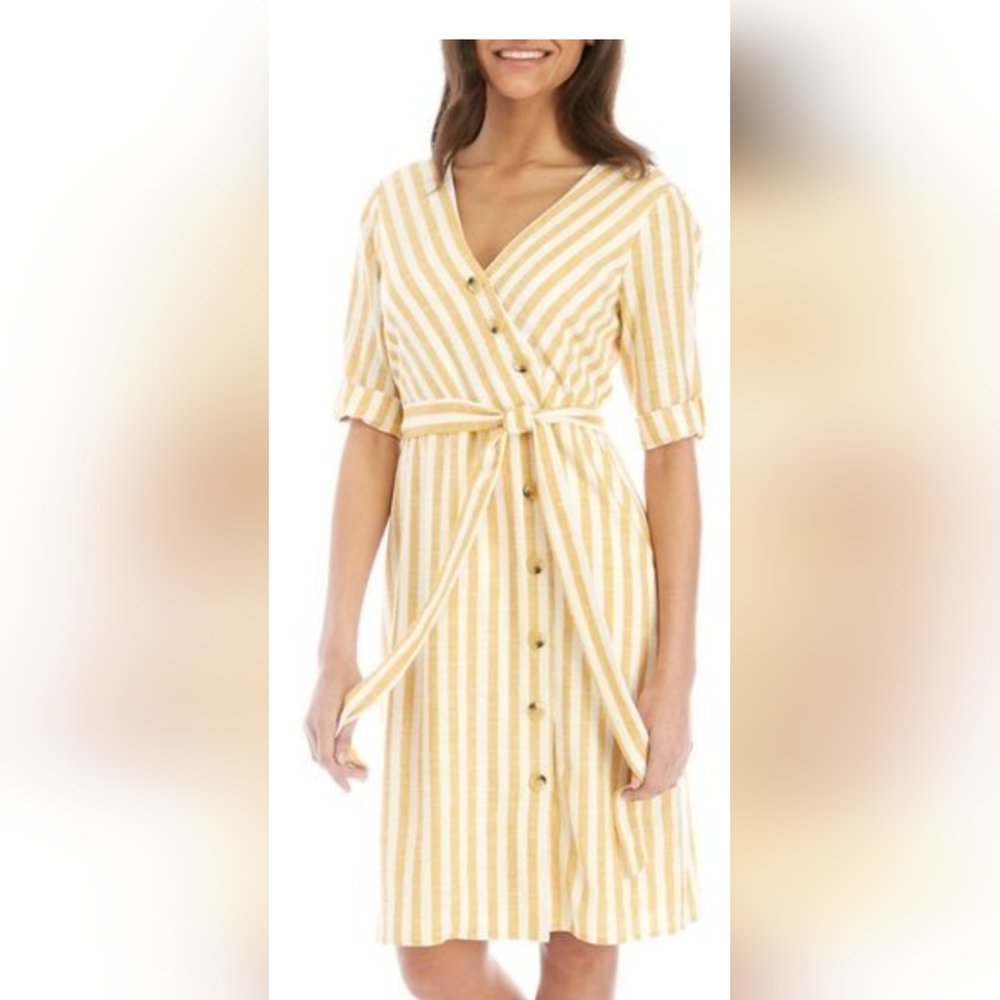 Lilly black dress yellow and white striped tie at waist buttons all the way down